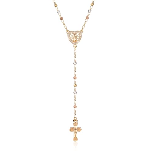 Women's Gold Virgin Mary Necklace, 14k Gold Plated Rosary Bead Cross Chain - style: Rose gold-Style 2