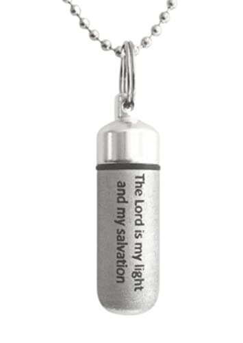 Classic Brushed Silver ANOINTING OIL HOLDER/Vial Necklace with ENGRAVED 'The Lord is my light and my salvation - Includes Pouch, Ball Chain & Funnel - Great Holiday Gift