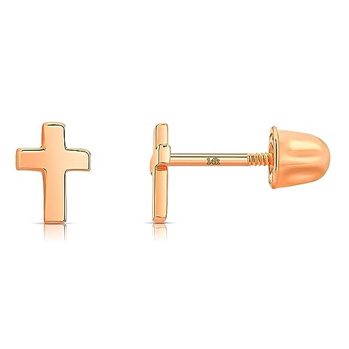 Little Solid Gold 14k Screw Back Cross Stud Earrings - color: Rose Gold