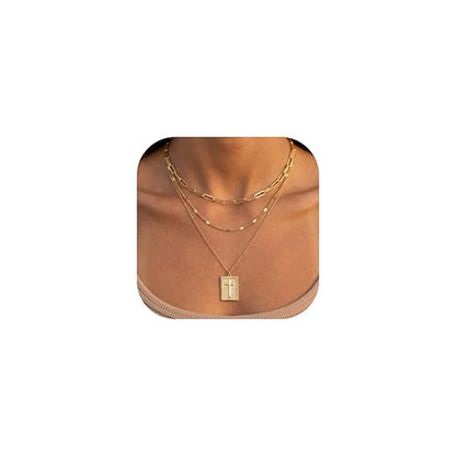 Cross Necklace for Women Girls, 14K Gold Plated Dainty Pendant Necklaces Set, Cute Trendy Faith Christian Religious Everyday Jewelry Gifts Aesthetic Accessories Non Tarnish - color: Triple Layered Curb Mix