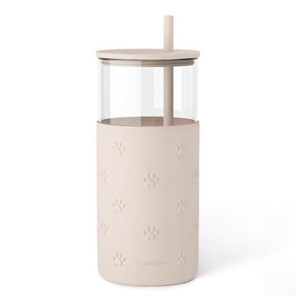 SANDJEST Glass Water Bottle with Silicone Sleeve 20oz, Glass Tumbler with Straw and Lid, Smoothie and Iced Coffee Cup, Pawprint Gifts for Women Teen Girls Birthday Christmas - color: Pawprint