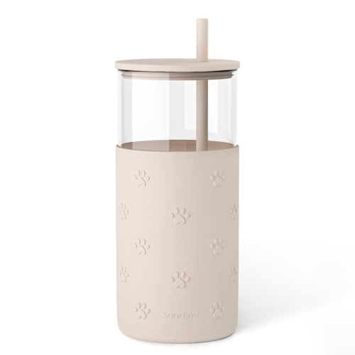 SANDJEST Glass Water Bottle with Silicone Sleeve 20oz, Glass Tumbler with Straw and Lid, Smoothie and Iced Coffee Cup, Pawprint Gifts for Women Teen Girls Birthday Christmas - color: Pawprint