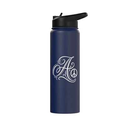 fancy Italic script Initial Letter A minimalist peace symbol Stainless Steel Insulated Water Bottle - color: Navy Blue