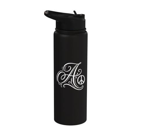 fancy Italic script Initial Letter A minimalist peace symbol Stainless Steel Insulated Water Bottle - color: Black