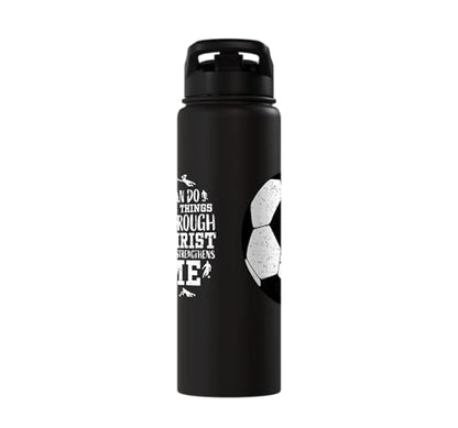 Christian Soccer Faith Graphic Bible Verse Philippians 4:13 Stainless Steel Insulated Water Bottle - color: Black