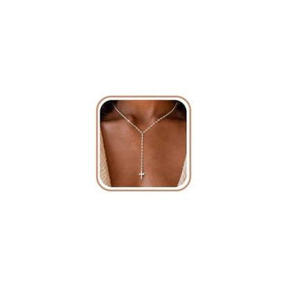 925 Sterling Silver Dainty Cross Lariat Necklace for Women - color: Silver