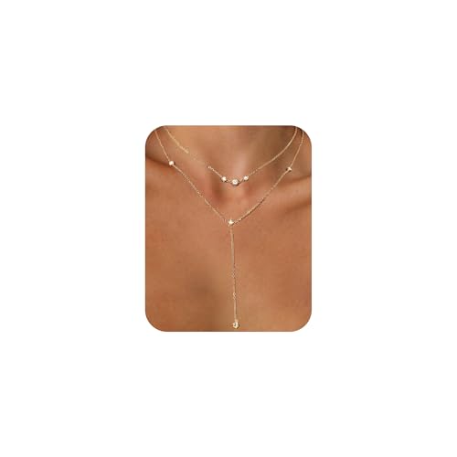 Sterling Silver 14K Gold Plated Dainty Layered Long Necklace for Women - color: Gold-CZ