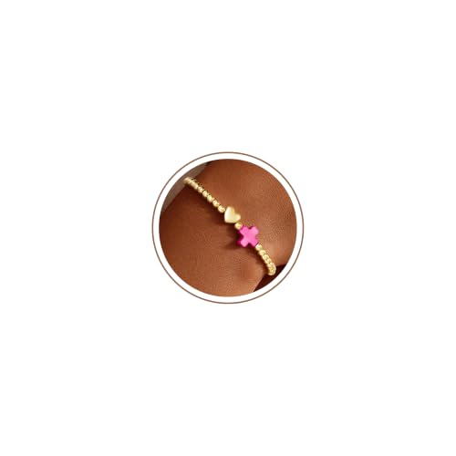 Turandoss Gold Cross Bracelet for Women Heart Beaded Bracelet Faith Jewelry - color: Pink Cross Bracelet