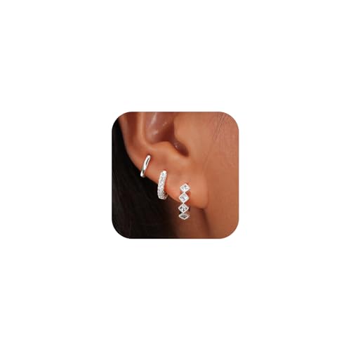 Rotnso Gold Hoop Earrings Set for Women Hypoallergenic Trendy Huggie Stack - style: 3 Pairs Rhombus CZ Hoops-SL