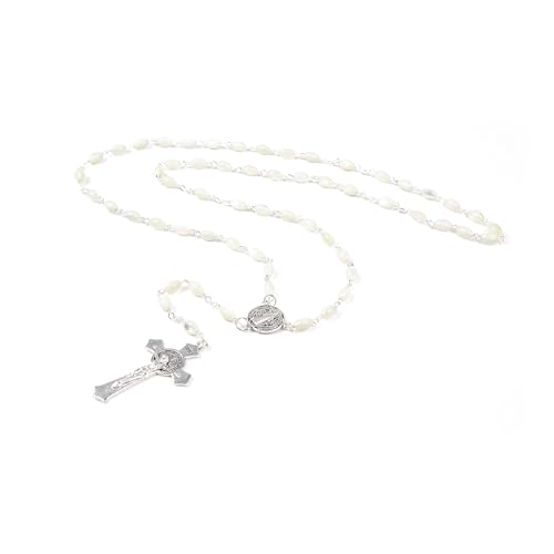 Catholic Rosary For Men & Women - 22.5" Rosary Necklace From The Holy Land Of Jerusalem - Catholic Rosary With Olive Wood & Mother of Pearl Rosary Beads & Crucifix Dangle - color: Saint Benedict