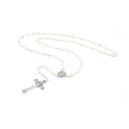 Catholic Rosary For Men & Women - 22.5" Rosary Necklace From The Holy Land Of Jerusalem - Catholic Rosary With Olive Wood & Mother of Pearl Rosary Beads & Crucifix Dangle - color: Saint Benedict