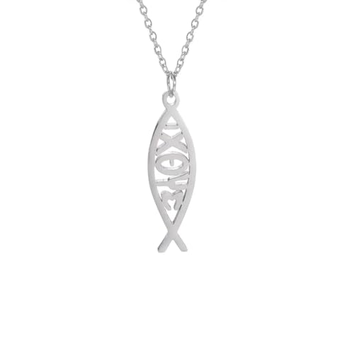 Ichthus Necklace for Women Christian Jesus Fish Necklace Christ Fish Cross Ichthys Pendant Necklace Ichthus Fish Religious Symbol Pendant Christian Jewelry Gift - color: Jesus Fish silver