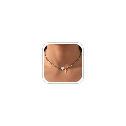 WomenGifts Colorful Beaded Cross Pendant Necklace, Trendy Heart Choker Jewelry for Teen Girls Women, First Communion Confirmation Baptism Catholic Religious Perfect Valentine's Gifts - color: Gold