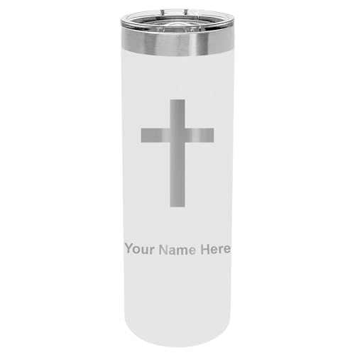 LaserGram Personalized 22oz Skinny Tumbler, Christian Cross (White) - color: White