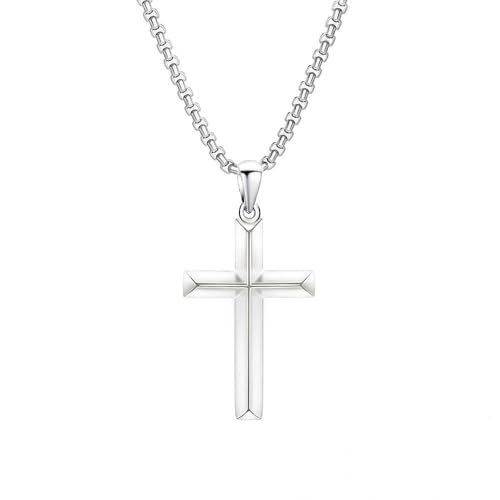 Small Dainty Cross Pendant Necklace 925 Sterling Silver for Women with 18", 20" Sturdy Chain 14K White Gold Plated - size: 20" Chain, style: Chamfered