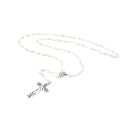 Catholic Rosary For Men & Women - 22.5" Rosary Necklace From The Holy Land Of Jerusalem - Catholic Rosary With Olive Wood & Mother of Pearl Rosary Beads & Crucifix Dangle - color: Sacred Heart of Jesus