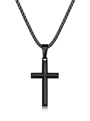 Fiusem Beveled Edge Cross Necklace for Men - size: 18 inches, style: Black cross: 1.4*0.8"