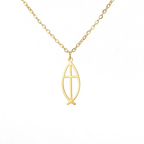 Ichthus Necklace for Women Christian Jesus Fish Necklace Christ Fish Cross Ichthys Pendant Necklace Ichthus Fish Religious Symbol Pendant Christian Jewelry Gift - color: Ichthys cross gold