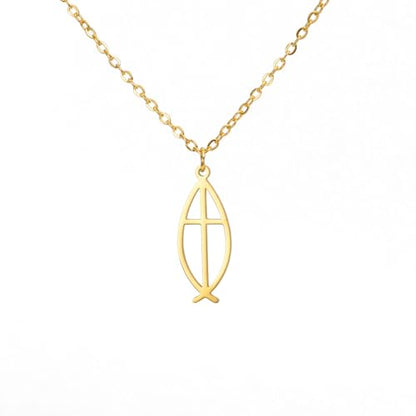 Ichthus Necklace for Women Christian Jesus Fish Necklace Christ Fish Cross Ichthys Pendant Necklace Ichthus Fish Religious Symbol Pendant Christian Jewelry Gift - color: Ichthys cross gold
