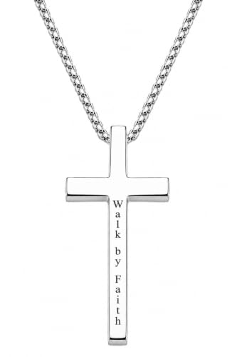 Engraved Cross Necklace for Men, Women & Boys & Girls Cross Necklace, Stainless Steel Cross Pendant Necklace, Faith & Inspiration Christian Jewelry Gift - color: Walk by Faith