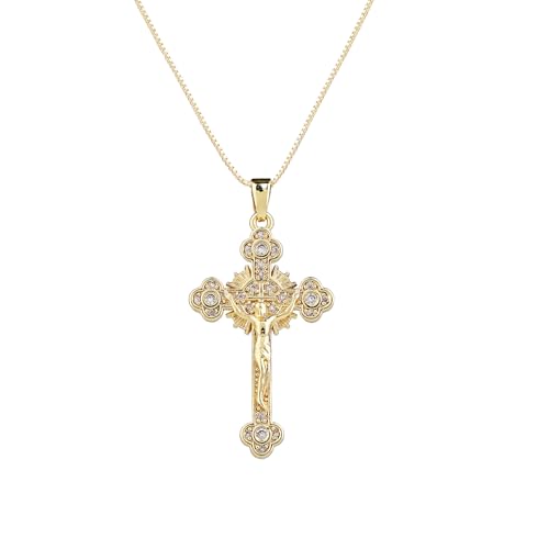 Gold Cross Necklace for Women, 14K Gold Plated - style: Jesus on the cross