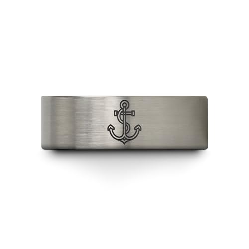 Gift for Nautical Fan - Anchor With Rope Ring - Men Women - Tungsten - Flat Dome Bevel - Band - Yellow Gold Black Silver Blue - Anniversary Wedding - 8mm - Brushed Polished - Personalized Custom Engra - color: 15 - Blue Grey Tungsten