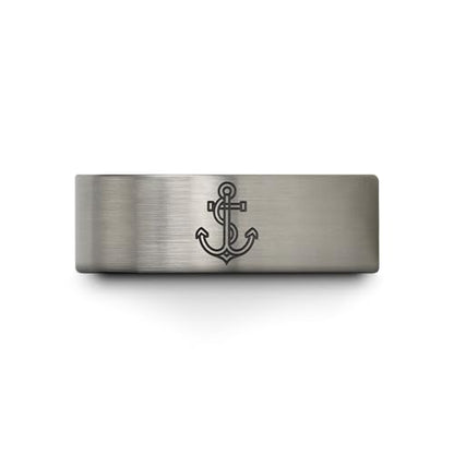 Gift for Nautical Fan - Anchor With Rope Ring - Men Women - Tungsten - Flat Dome Bevel - Band - Yellow Gold Black Silver Blue - Anniversary Wedding - 8mm - Brushed Polished - Personalized Custom Engra - color: 15 - Blue Grey Tungsten