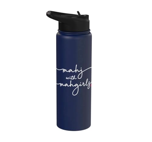 Mahjong With MahGirls Elegant Script Heart Stainless Steel Insulated Water Bottle - color: Navy Blue