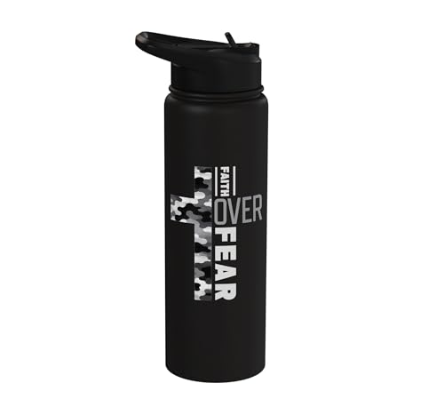 Faith Over Fear Christian Camo Cross Religious Bible Verse Stainless Steel Insulated Water Bottle - color: Black