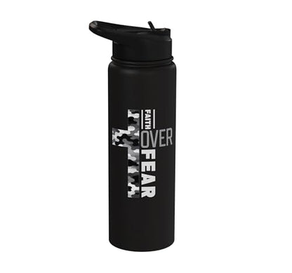 Faith Over Fear Christian Camo Cross Religious Bible Verse Stainless Steel Insulated Water Bottle - color: Black