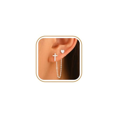 925 Sterling Silver Cross Heart Chain Stud Earring for Women - color: silvery