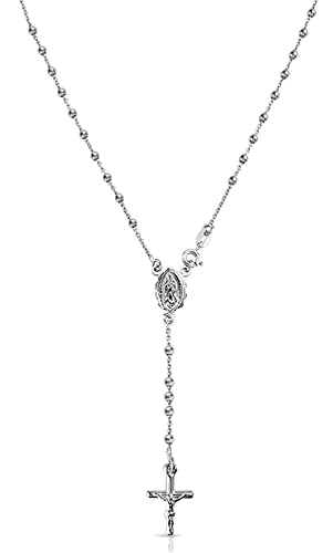 Savlano 925 Sterling Silver Italian Solid Bead Chain Cross & Rosary Virgin Mary Pendant Y Necklace Comes With Gift Box for Women - Made in Italy - style: 3MM
