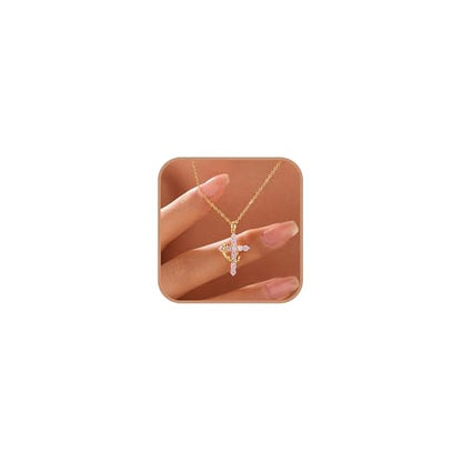925 Sterling Silver Cross With Crown Necklace for Women 16+2 Inch - color: Gold-Pink CZ