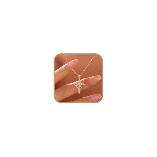 925 Sterling Silver Cross With Crown Necklace for Women 16+2 Inch - color: Gold-Pink CZ