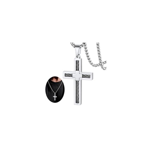 FaithHeart Stainless Steel Cross Necklace for Men, Silver/Black/Gold Cross Chains for Men Religious Amulet Necklaces Christian Gifts for Dad - style: Twist Cross-Silver