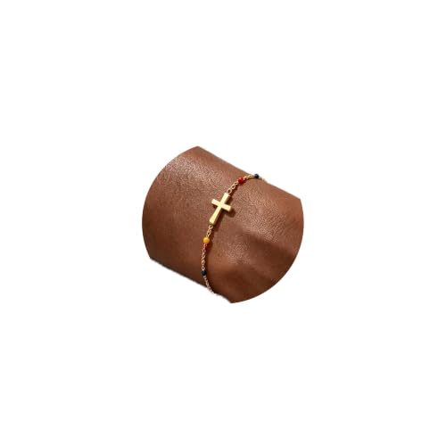 18K Gold Plated Pearl Beaded Cross Bracelets for Women Adjustable - color: Colorful Cross-Gold