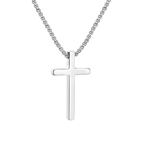 Tuefuzy Cross Necklace for Men, Silver Cross Stainless Steel Pendant Necklace, Mens Cross Chain - size: 24in