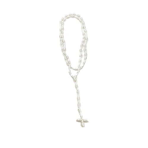 Caiyao Lightweight Catholic Knotted Rosary Cross Long String Necklace for Women Durable Braided Long Knotted Cord Rope Strand Twine Cross Spiritual Necklace Teen Girls Boys Keepsake Gift, 20 Inches - color: white
