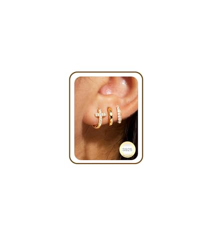 3Pairs Gold Cross Earrings for Women Hoops Huggie Earrings Stack Set - color: Gold-1