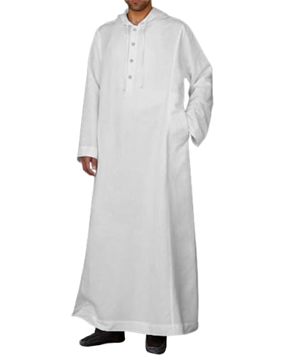 YAOHUOLE Long Sleeve Kaftan Thobe Button down Men Thobe with Pocket Big and Tall Kaftan Muslim Men Thobe - color: White, size: Large