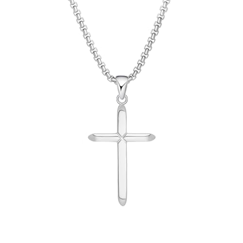 Small Dainty Cross Pendant Necklace 925 Sterling Silver for Women with 18", 20" Sturdy Chain 14K White Gold Plated - size: 18" Chain, style: Slim