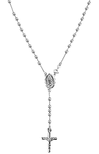Savlano 925 Sterling Silver Italian Solid Bead Chain Cross & Rosary Virgin Mary Pendant Y Necklace Comes With Gift Box for Women - Made in Italy - style: 4MM