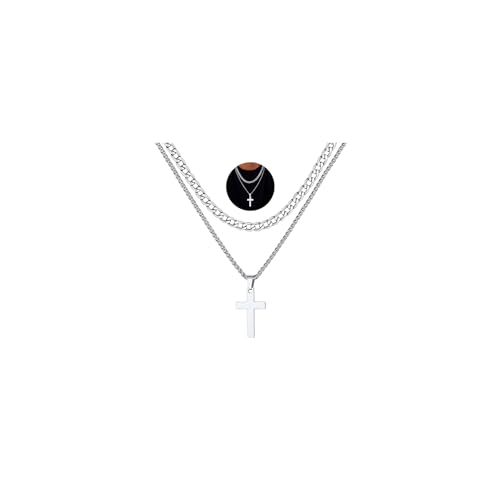 FaithHeart Cross Necklace for Men, Silver/Black/Gold Crucifix Necklace Stainless Steel Pendant with Cuban Chain Jesus Cross Necklaces Religious Gifts for Men - color: 01. Cross-Silver, size: Chain Length 22in/24in
