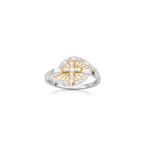 Savlano 18K Gold Plated Round Cut Cubic Zirconia Small Cross Band Ring Women Religious Ring - color: Yellow