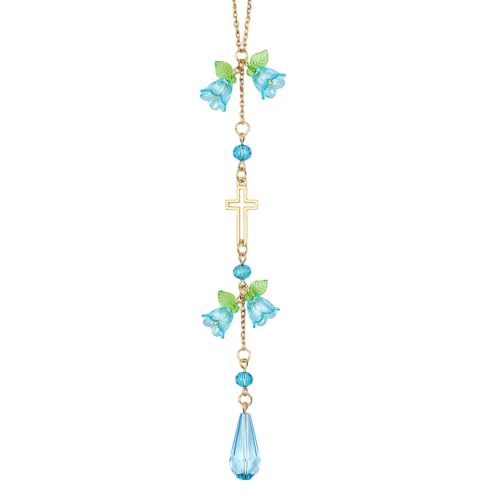 Cross Car Rearview Mirror Charm Blue Lily of Valley Crystal - color: Blue - Flower