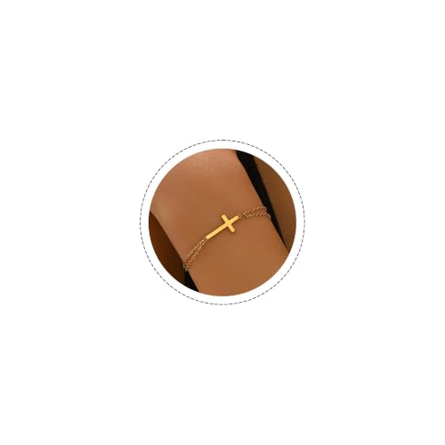 18K Gold Plated Pearl Beaded Cross Bracelets for Women Adjustable - color: Double O Cross-Gold