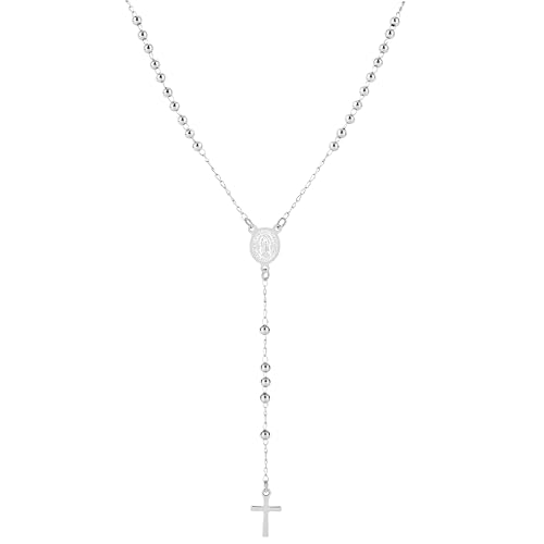 Rosary Cross Necklace for Women, Gold Plated Silver Black Virgin Mary Rosary Bead Necklace Catholic Jewelry - color: Silver