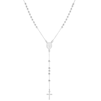 Rosary Cross Necklace for Women, Gold Plated Silver Black Virgin Mary Rosary Bead Necklace Catholic Jewelry - color: Silver
