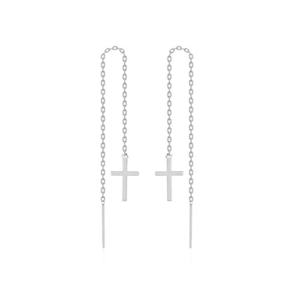 Sterling Silver Earrings Cross Threader for Women | Minimalist Chain Earrings Double Piercings | Dangle Earrings (Gold-plated sterling silver) - color: Sterling silver