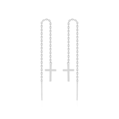 Sterling Silver Earrings Cross Threader for Women | Minimalist Chain Earrings Double Piercings | Dangle Earrings (Gold-plated sterling silver) - color: Sterling silver